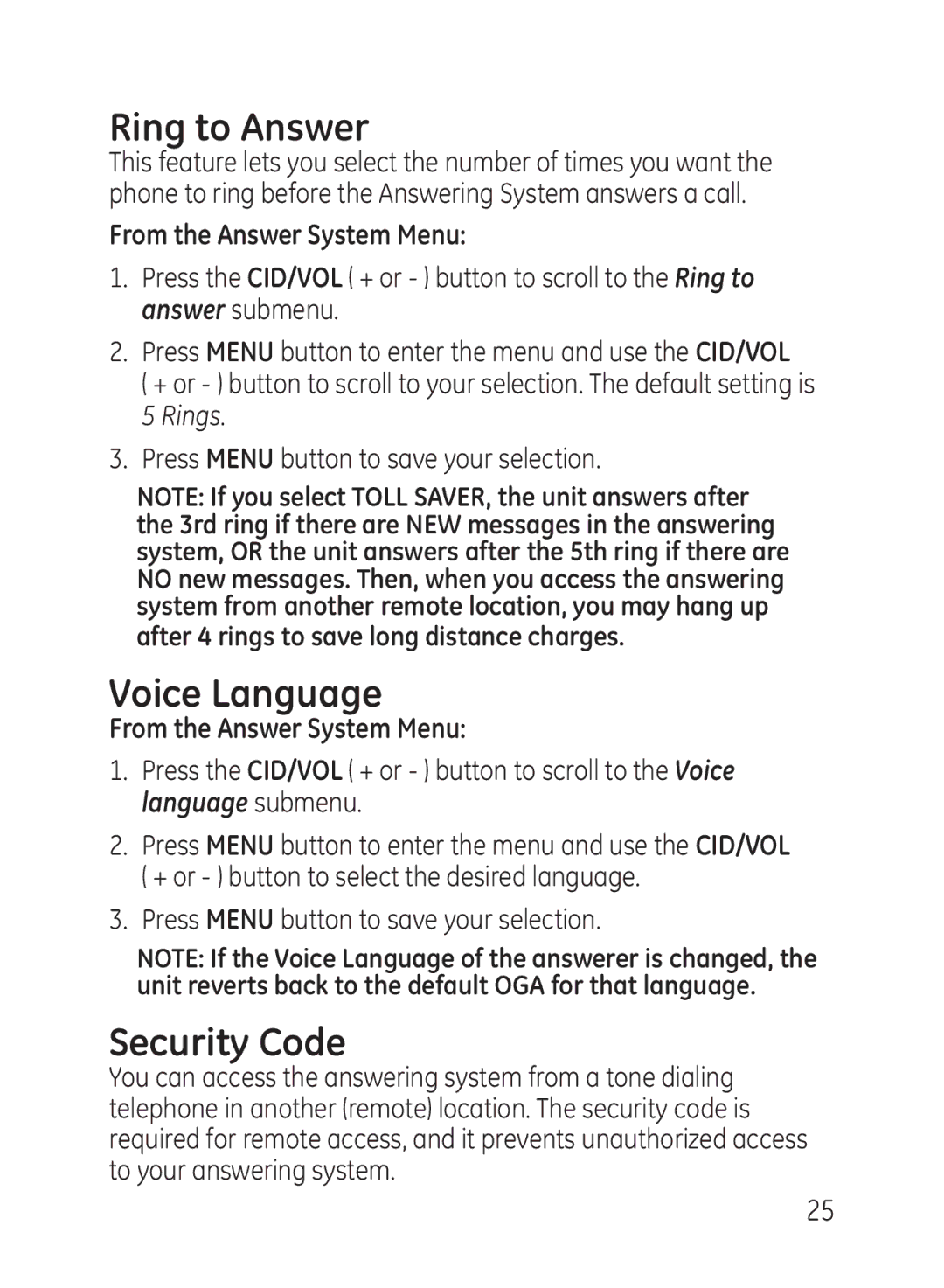 GE 27950, 27951 manual Ring to Answer, Voice Language, Security Code 