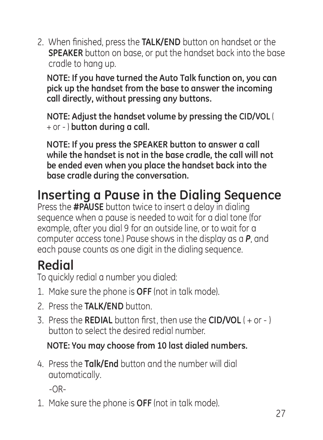 GE 27950, 27951 manual Inserting a Pause in the Dialing Sequence, Redial 