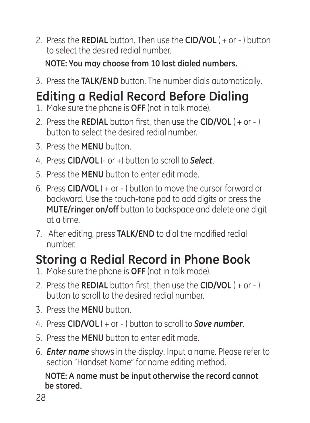 GE 27951, 27950 manual Editing a Redial Record Before Dialing, Storing a Redial Record in Phone Book 