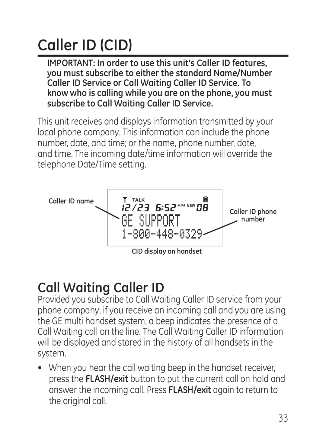 GE 27950, 27951 manual Caller ID CID, Call Waiting Caller ID 