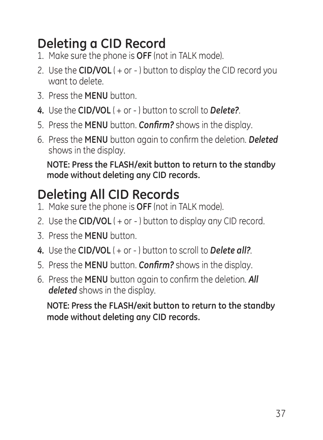 GE 27950, 27951 manual Deleting a CID Record, Deleting All CID Records 