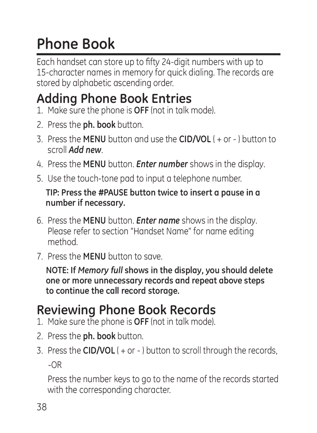 GE 27951 Adding Phone Book Entries, Reviewing Phone Book Records, Use the touch-tone pad to input a telephone number 