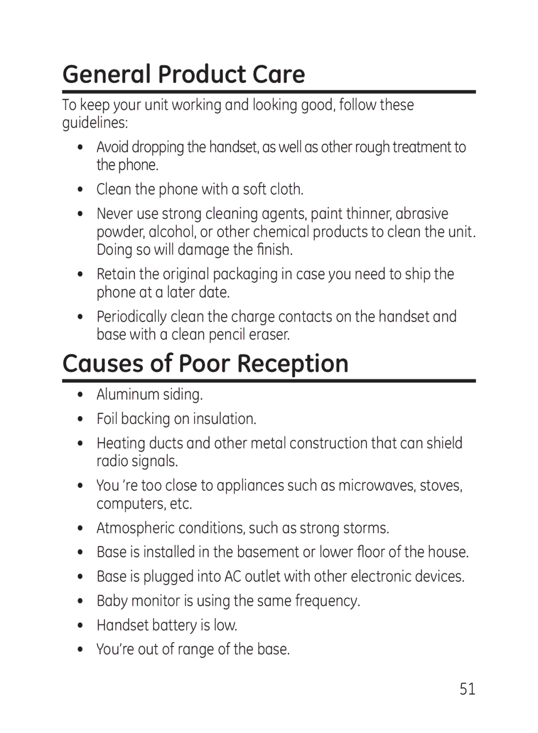 GE 27950, 27951 manual General Product Care, Causes of Poor Reception 