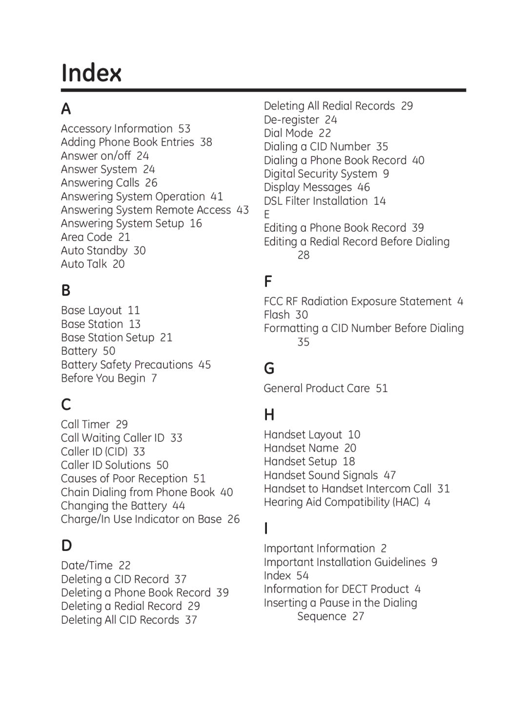 GE 27951, 27950 manual Index 