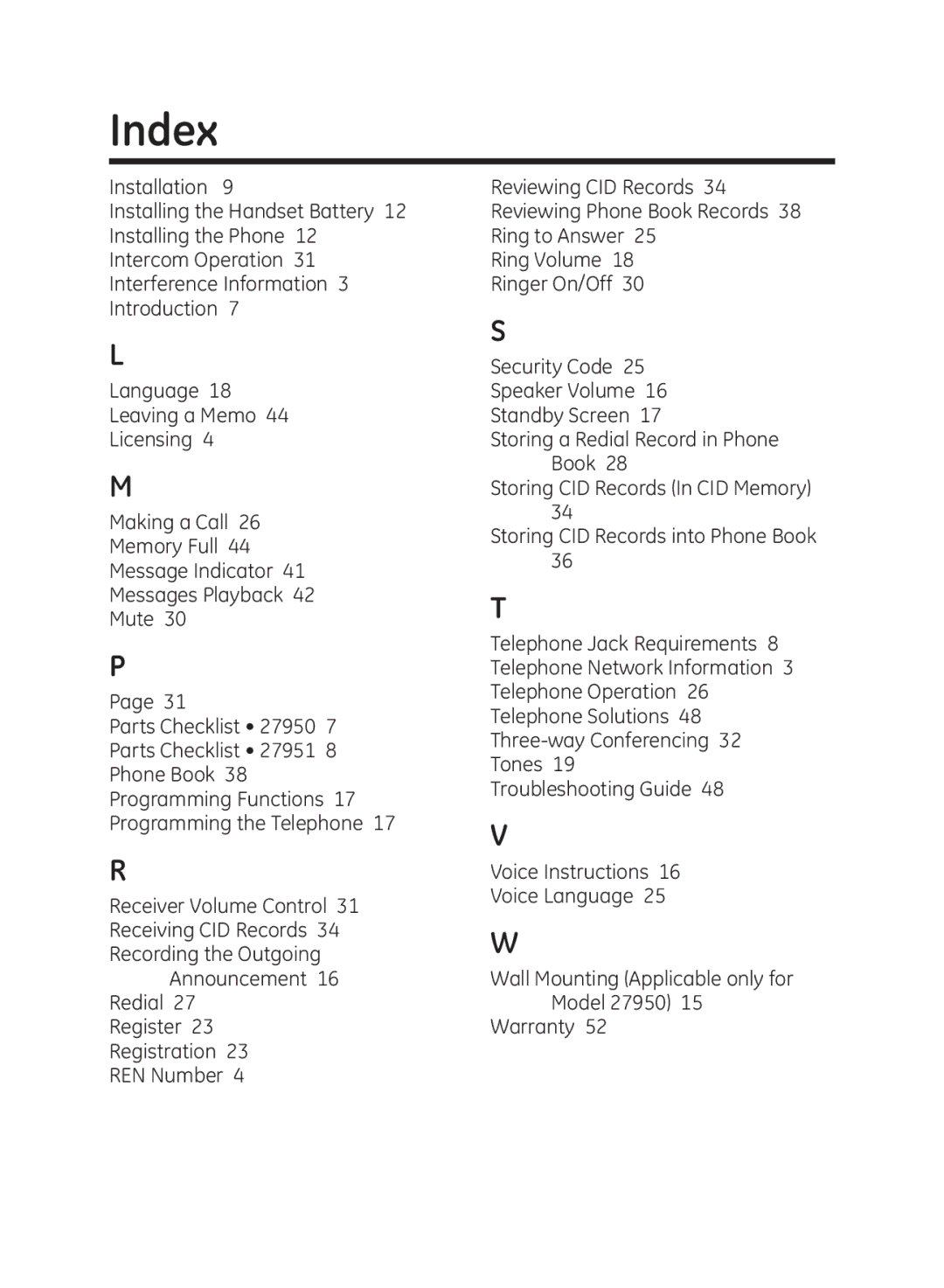 GE 27950, 27951 manual Index 