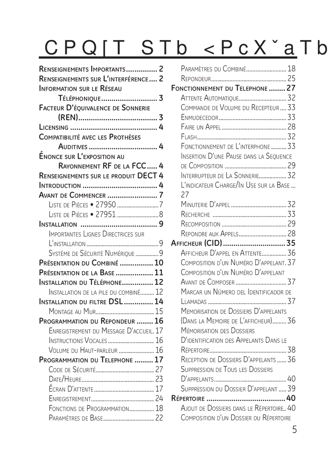 GE 27950, 27951 manual Table des Matières 