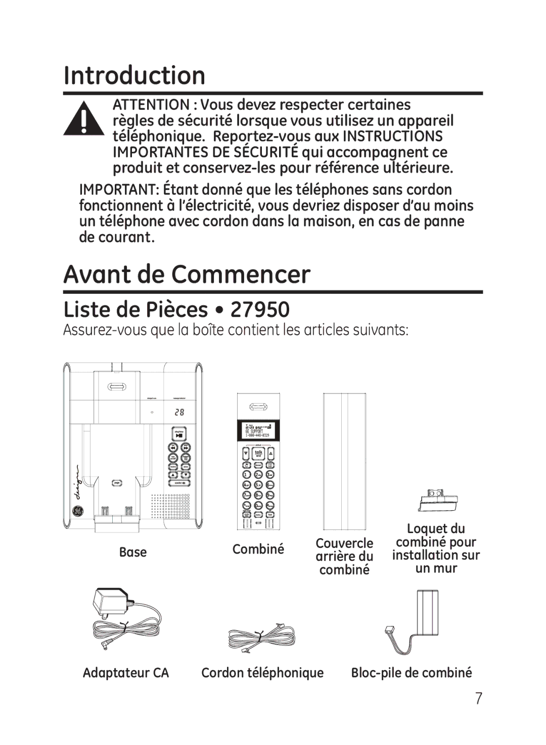 GE 27950, 27951 manual Avant de Commencer, Liste de Pièces, Assurez-vous que la boîte contient les articles suivants 