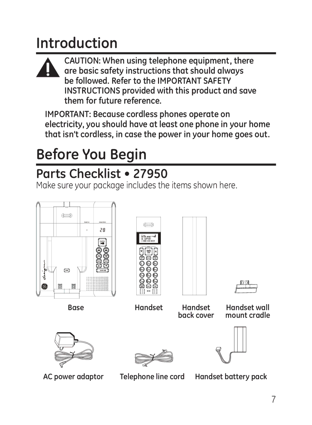 GE 27950, 27951 manual Introduction, Before You Begin, Parts Checklist, Make sure your package includes the items shown here 