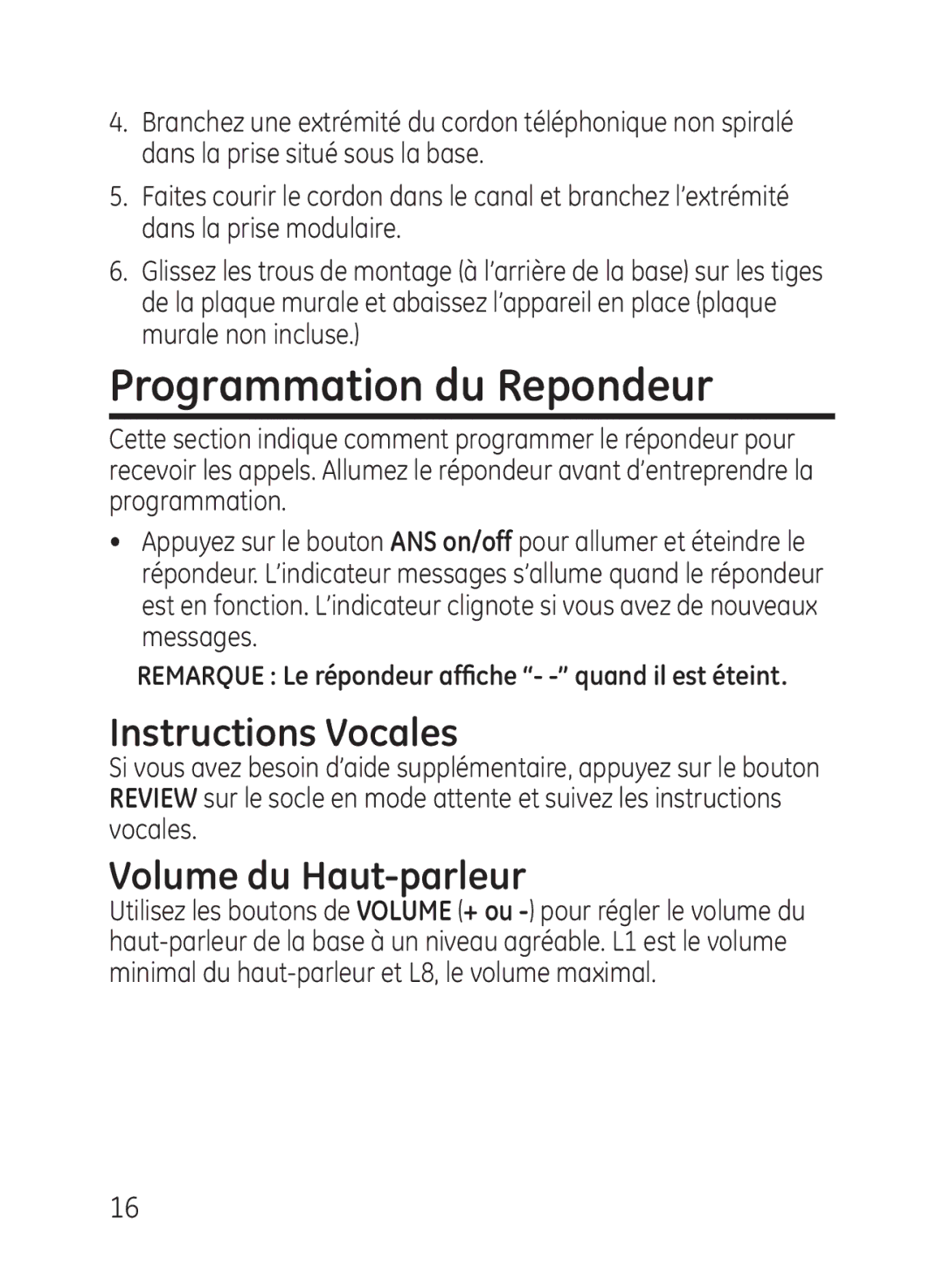 GE 27951, 27950 manual Programmation du Repondeur, Instructions Vocales, Volume du Haut-parleur 