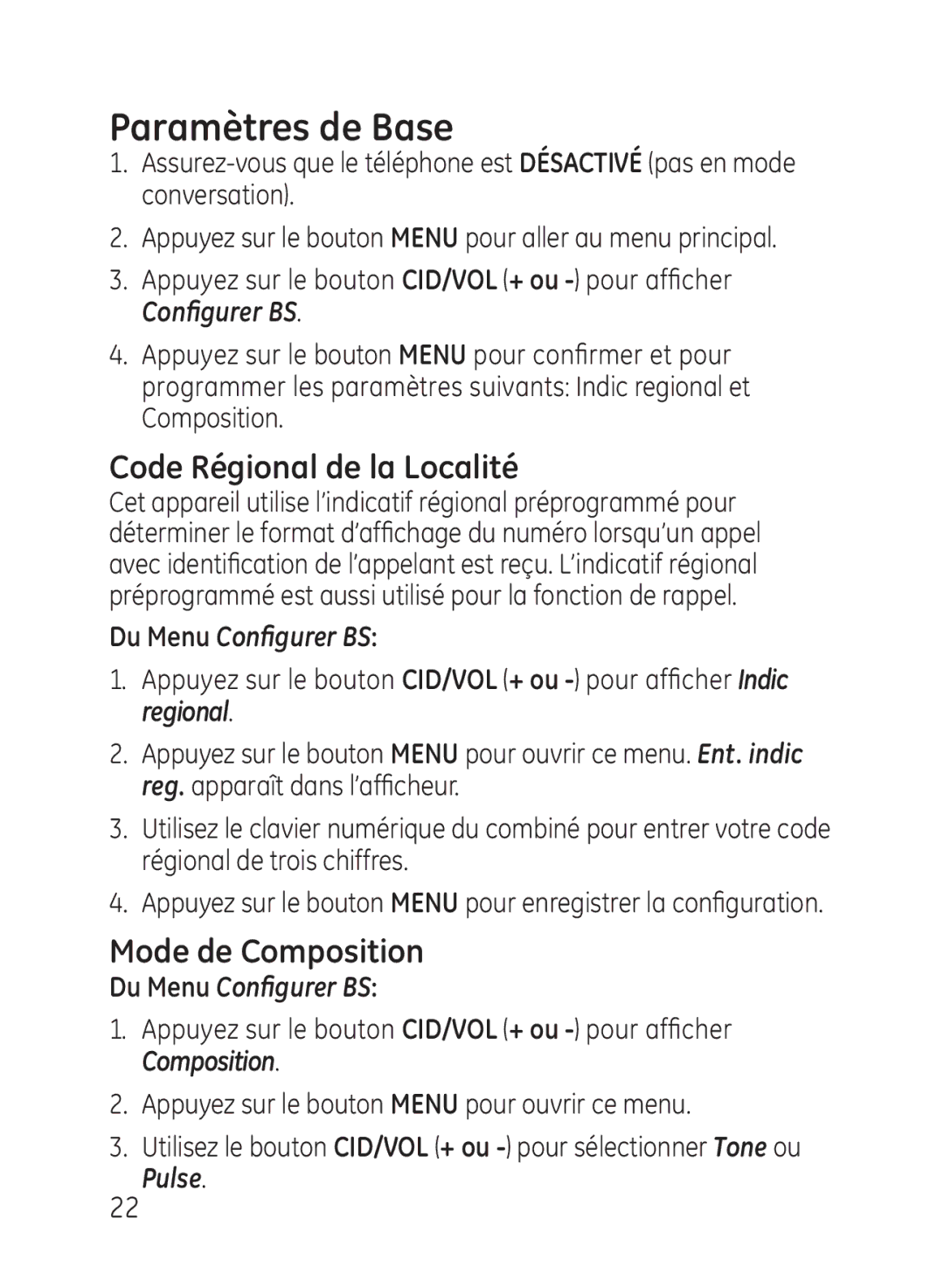 GE 27951, 27950 manual Paramètres de Base, Code Régional de la Localité, Mode de Composition 