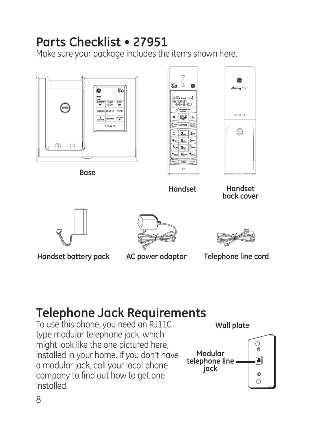 GE 27951, 27950 manual Telephone Jack Requirements, Installed 