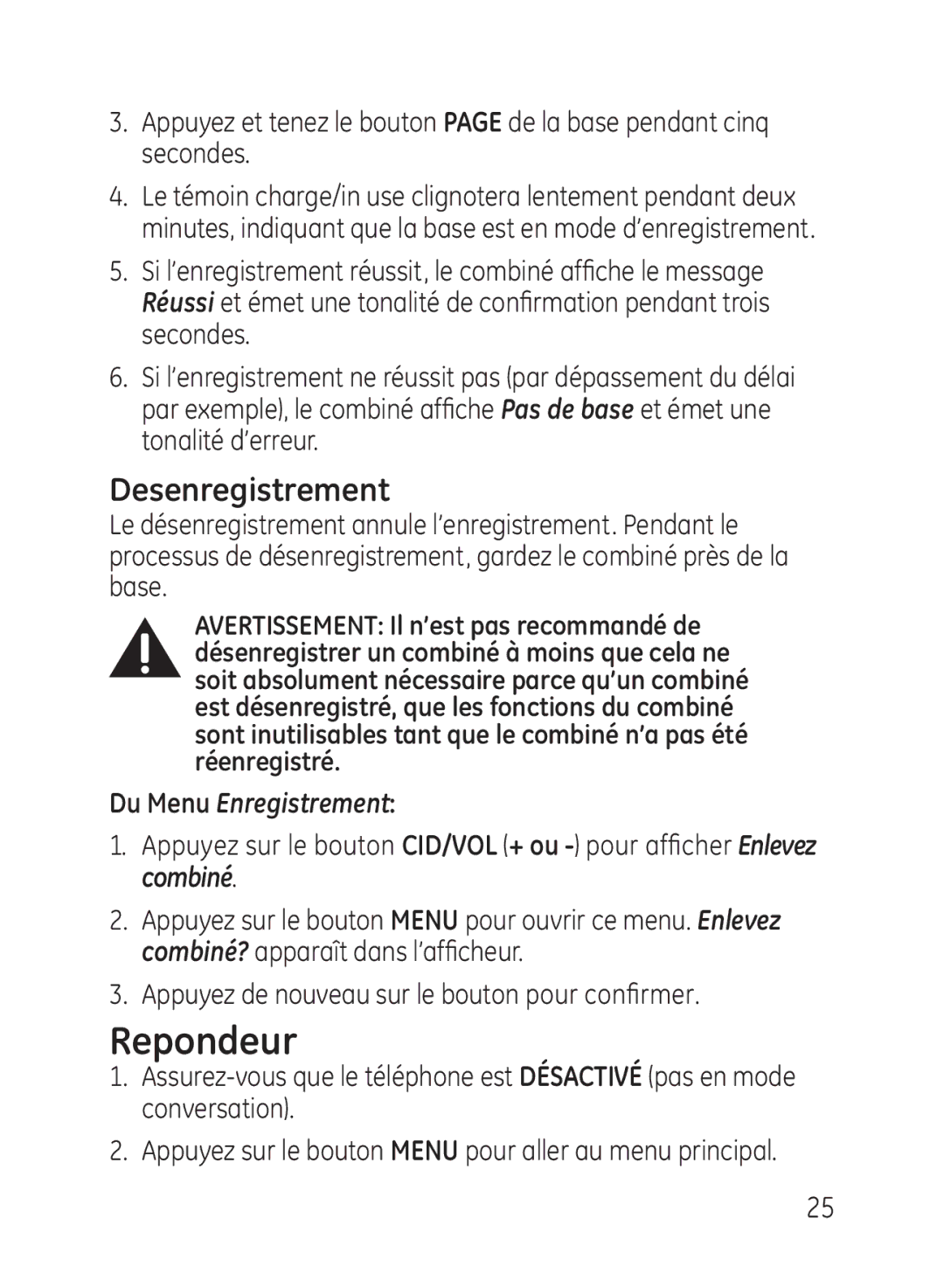 GE 27950, 27951 manual Repondeur, Desenregistrement, Appuyez de nouveau sur le bouton pour confirmer 