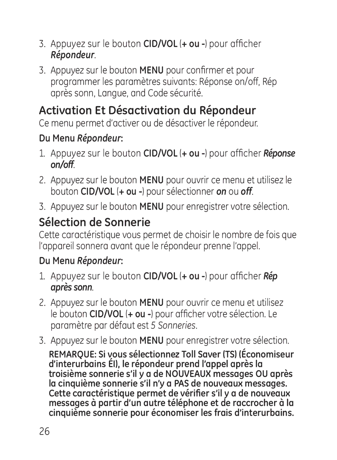 GE 27951, 27950 manual Activation Et Désactivation du Répondeur, Sélection de Sonnerie, Du Menu Répondeur 