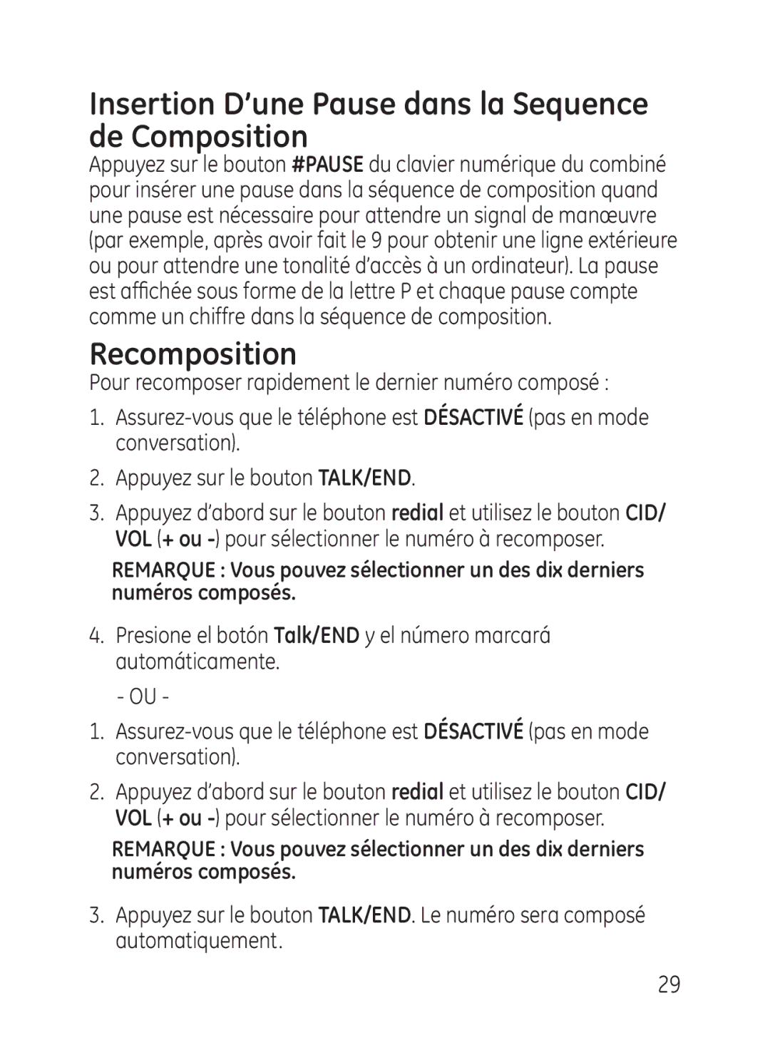 GE 27950, 27951 manual Insertion D’une Pause dans la Sequence de Composition, Recomposition 