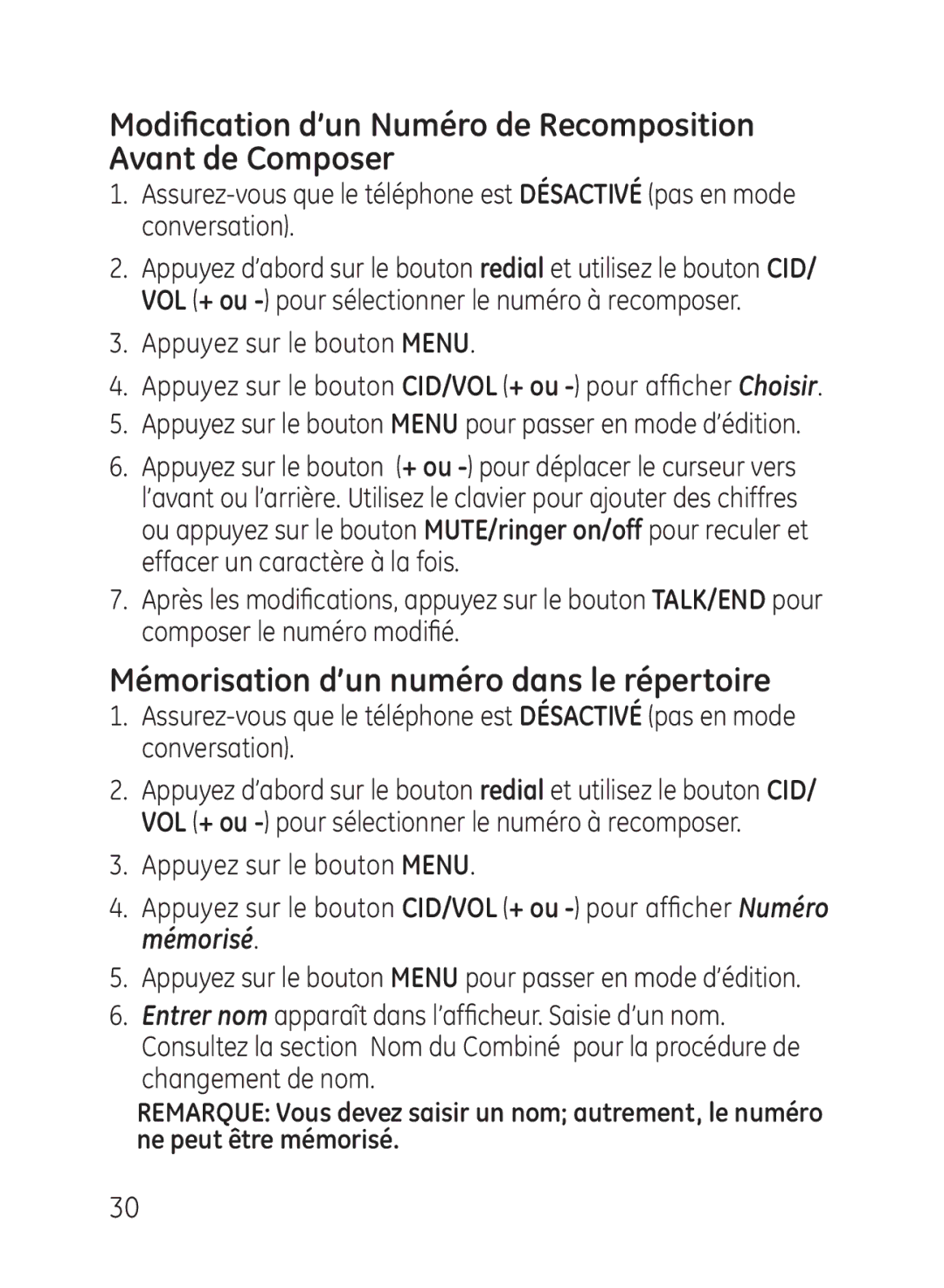 GE 27951, 27950 Modification d’un Numéro de Recomposition Avant de Composer, Mémorisation d’un numéro dans le répertoire 