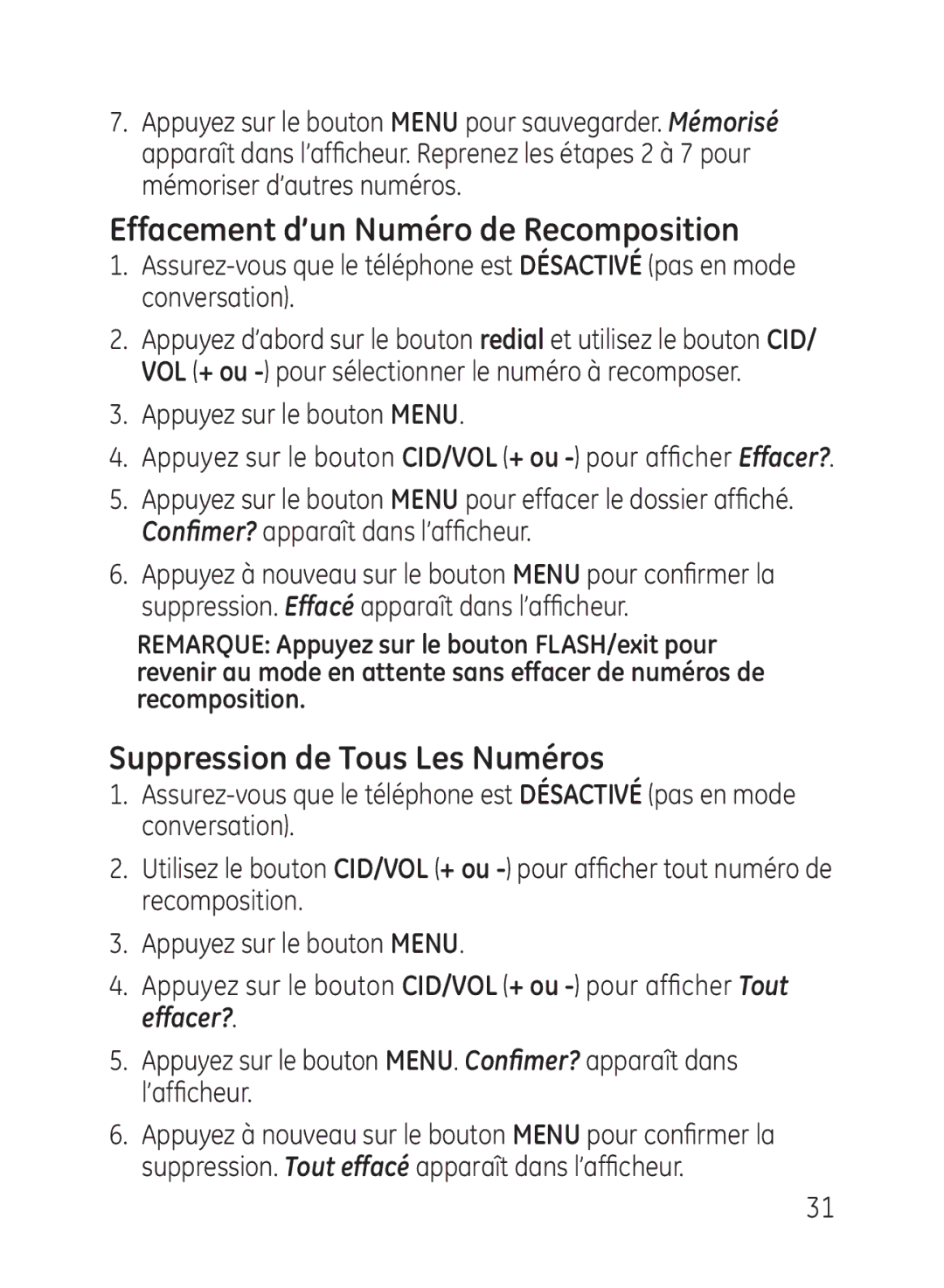 GE 27950, 27951 manual Effacement d’un Numéro de Recomposition, Suppression de Tous Les Numéros 