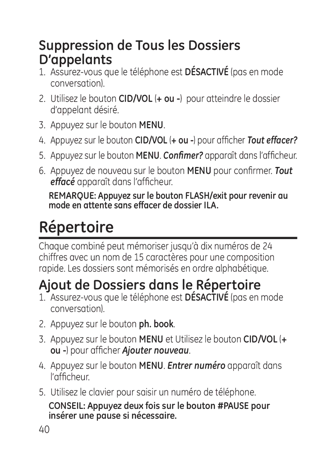 GE 27951, 27950 manual Suppression de Tous les Dossiers D’appelants, Ajout de Dossiers dans le Répertoire 