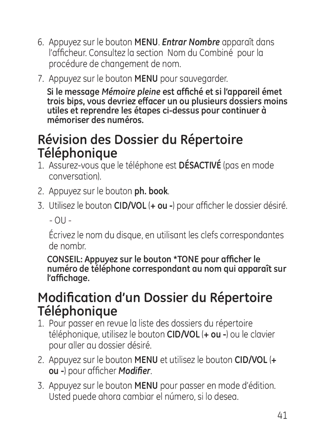 GE 27950, 27951 manual Révision des Dossier du Répertoire Téléphonique, Modification d’un Dossier du Répertoire Téléphonique 