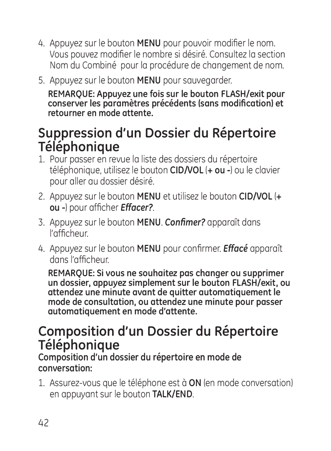 GE 27951, 27950 Suppression d’un Dossier du Répertoire Téléphonique, Composition d’un Dossier du Répertoire Téléphonique 