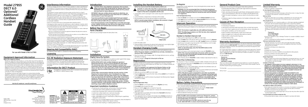 GE 27955 warranty Equipment Approval Information, Interference Information, Hearing Aid Compatibility HAC, Licensing 