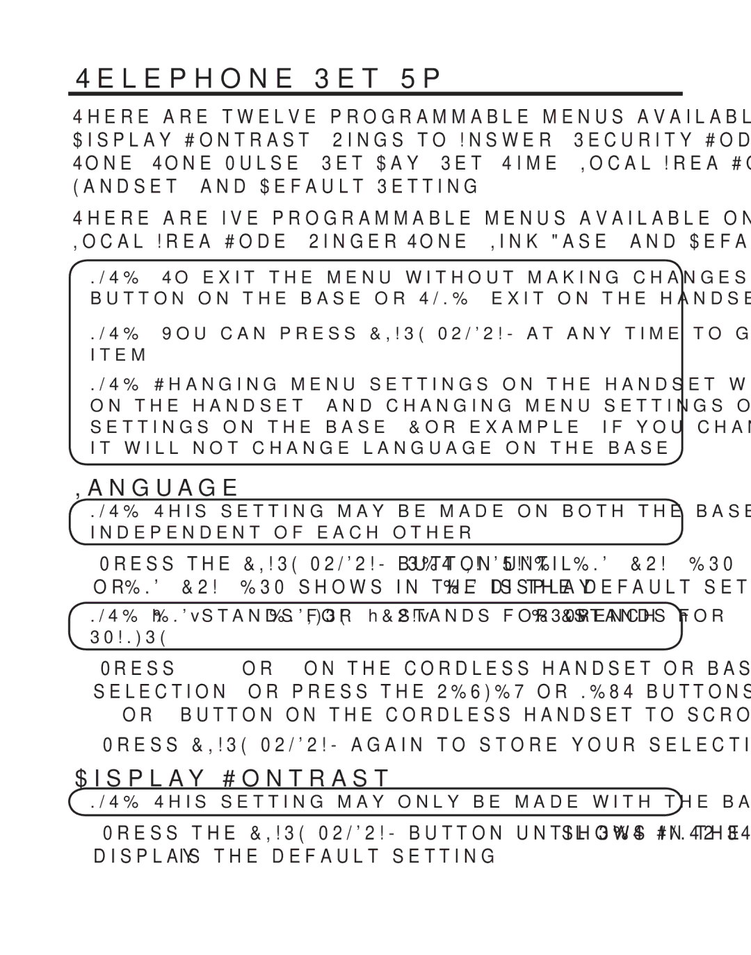 GE 27957 manual Telephone Set Up, Language, Display Contrast 