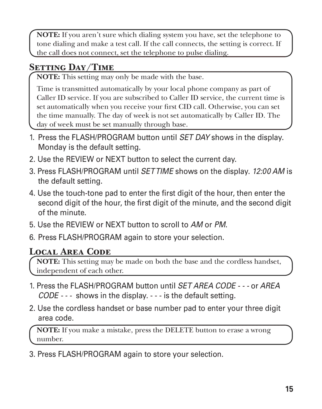 GE 27957 manual Setting Day/Time, Local Area Code 