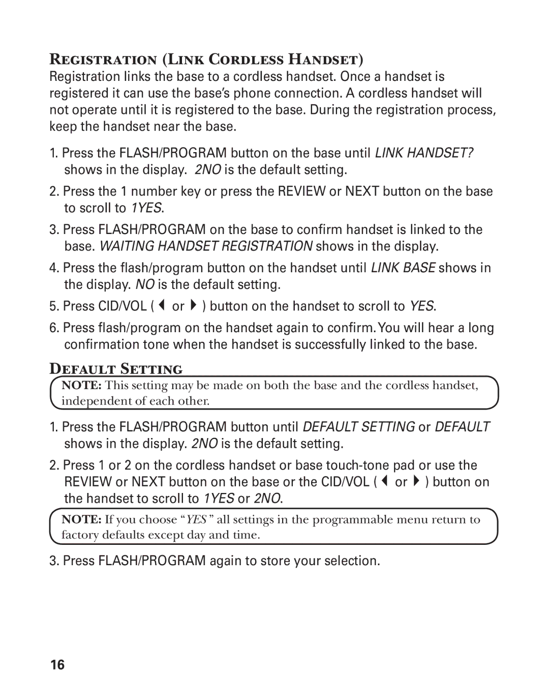 GE 27957 manual Registration Link Cordless Handset, Default Setting 