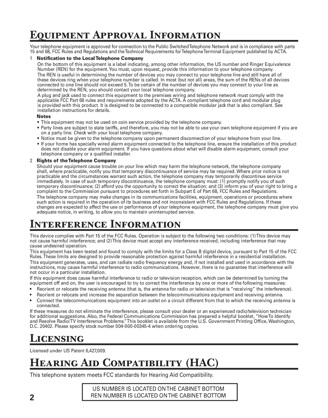 GE 27957 manual Equipment Approval Information, Interference Information, Licensing, Hearing Aid Compatibility HAC 