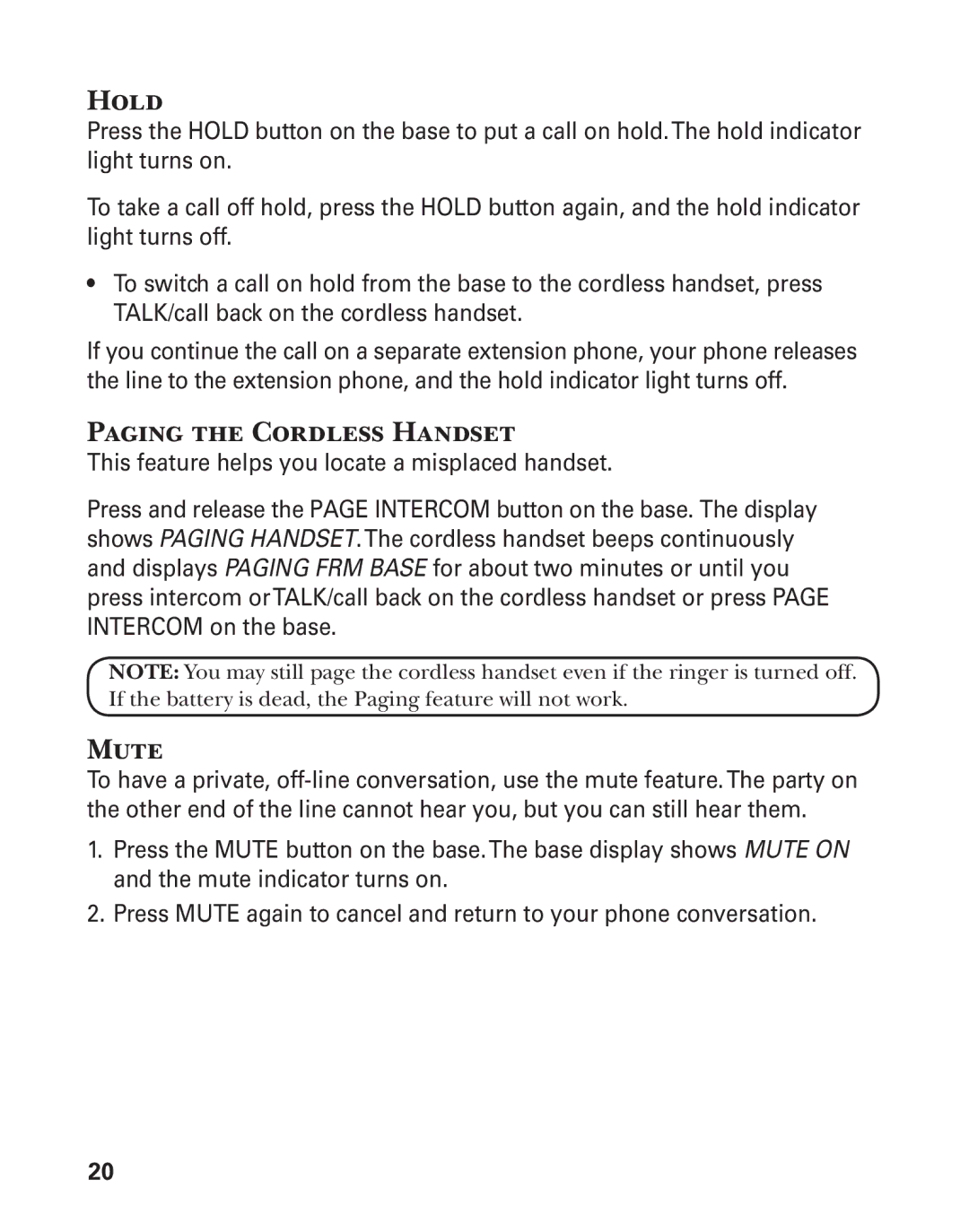 GE 27957 manual Hold, Paging the Cordless Handset, Mute 