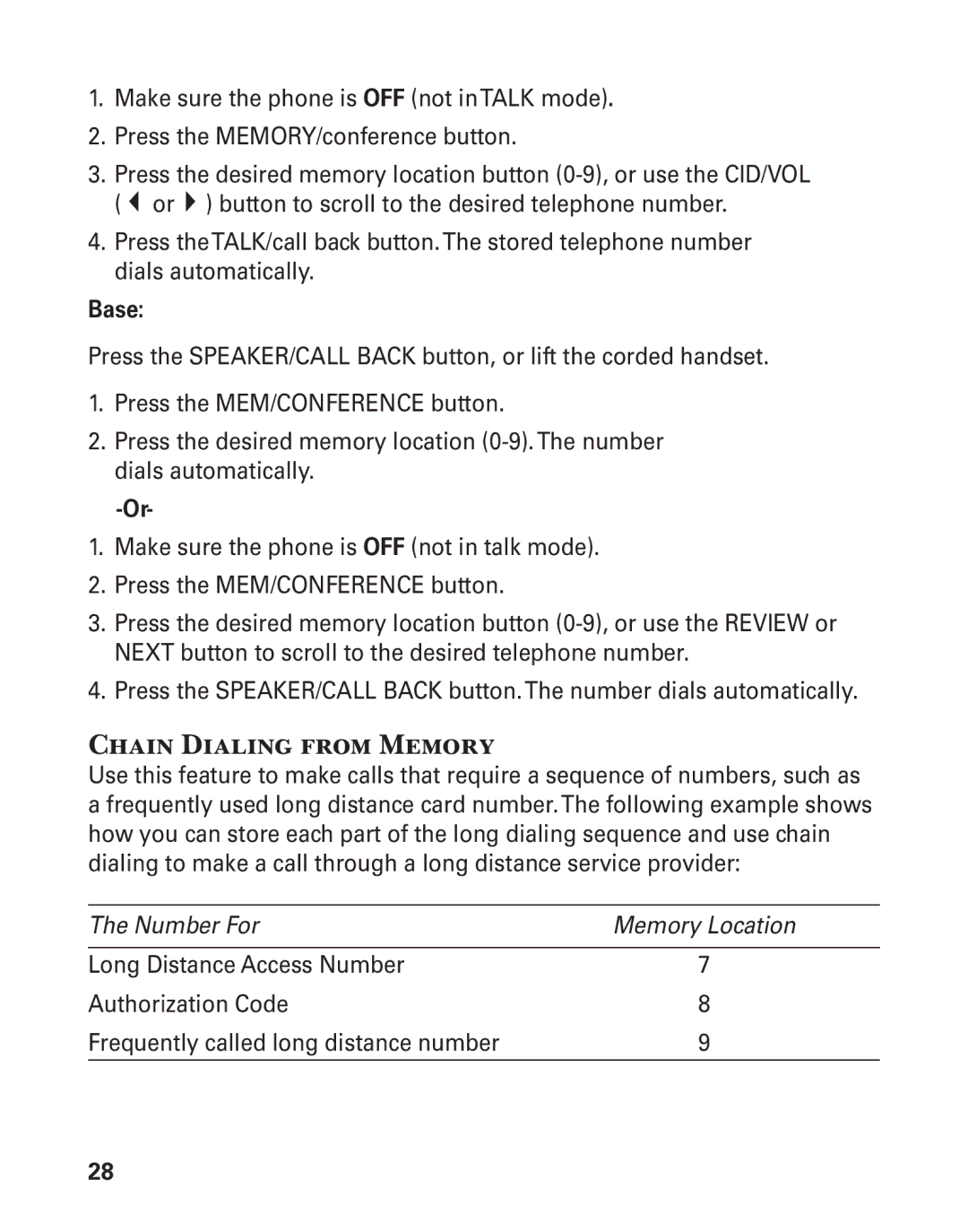 GE 27957 manual Chain Dialing from Memory, Base 