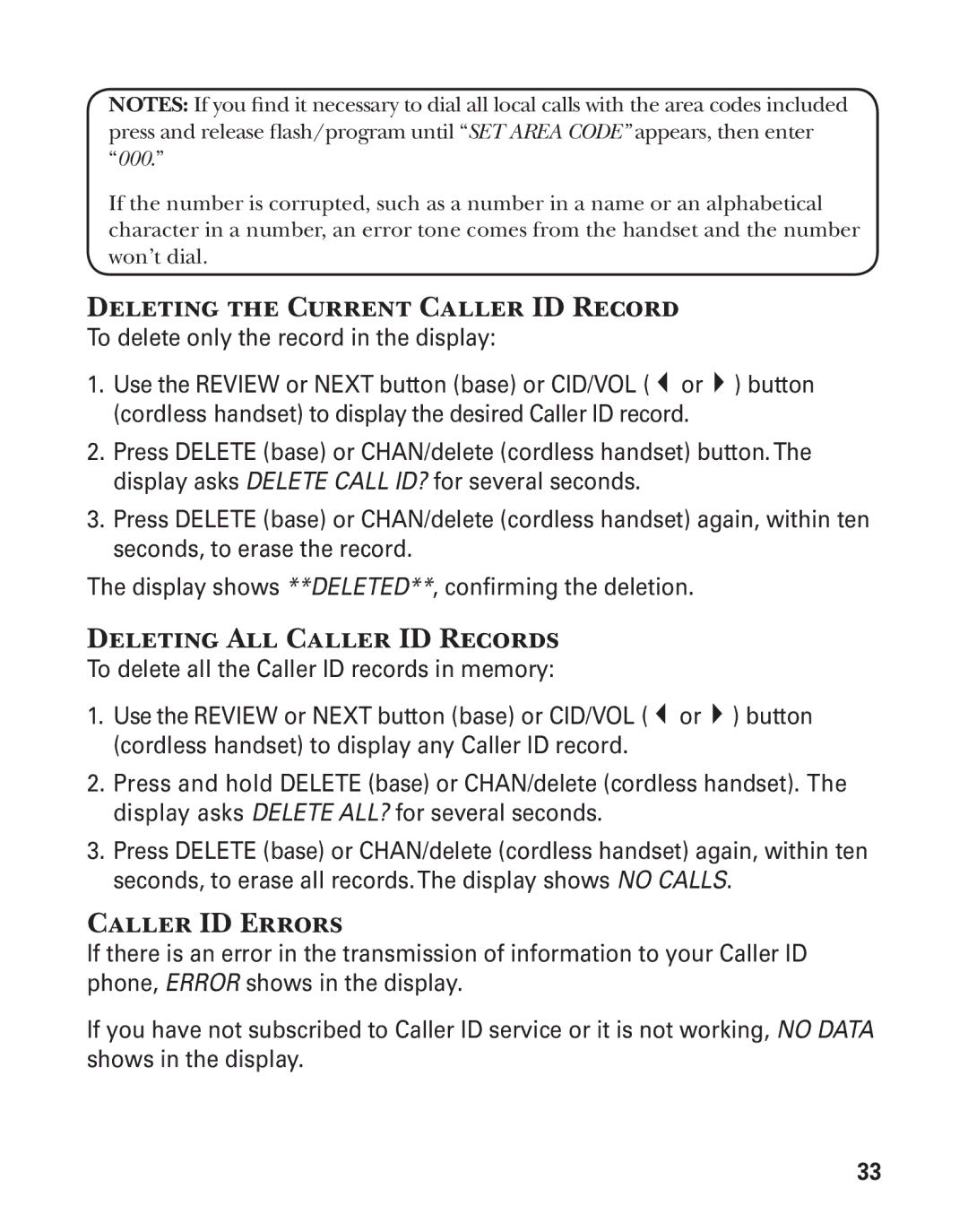 GE 27957 manual Deleting the Current Caller ID Record, Deleting All Caller ID Records, Caller ID Errors 