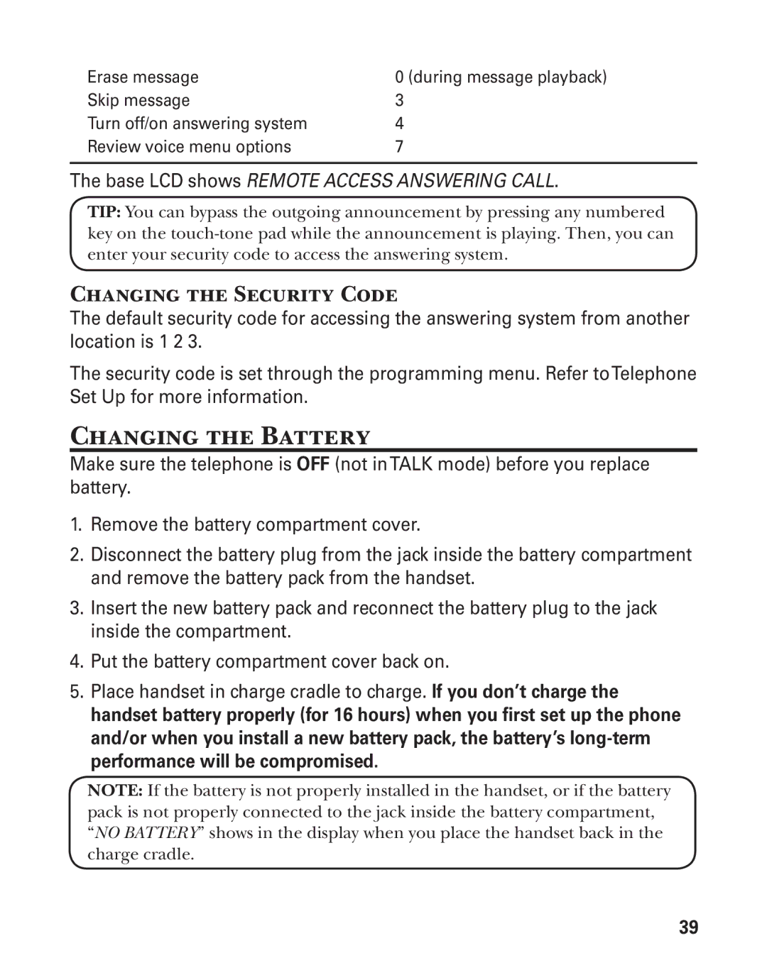 GE 27957 manual Changing the Battery, Changing the Security Code 