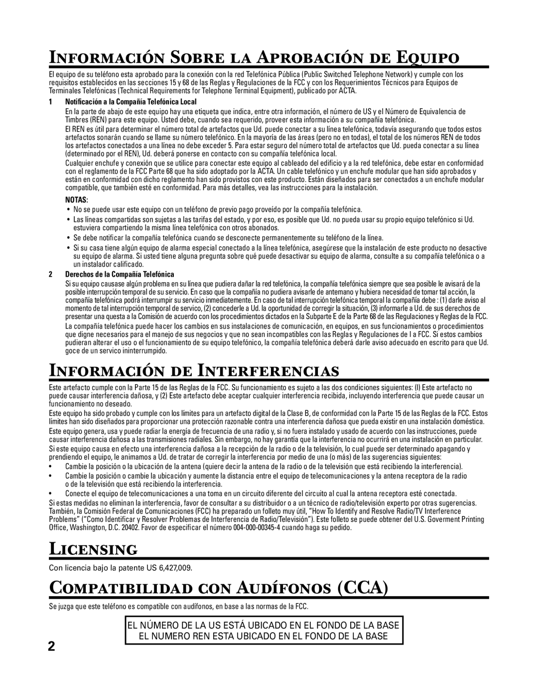 GE 27957 manual Información Sobre la Aprobación de Equipo, Información de Interferencias, Compatibilidad con Audífonos CCA 