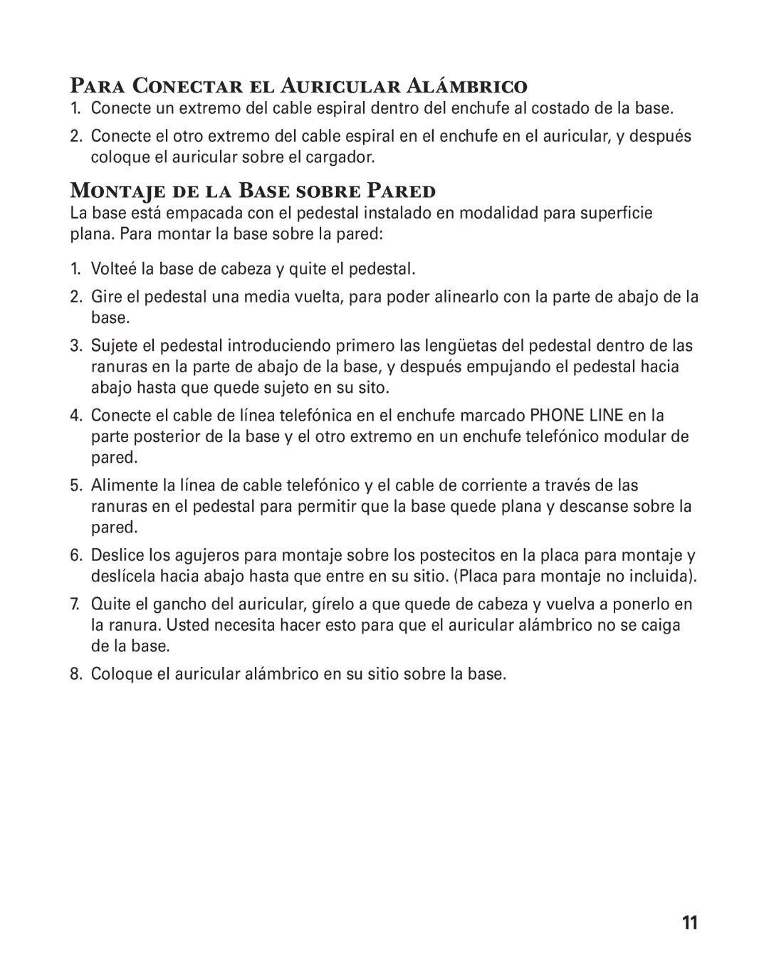 GE 27957 manual Para Conectar el Auricular Alámbrico, Montaje de la Base sobre Pared 