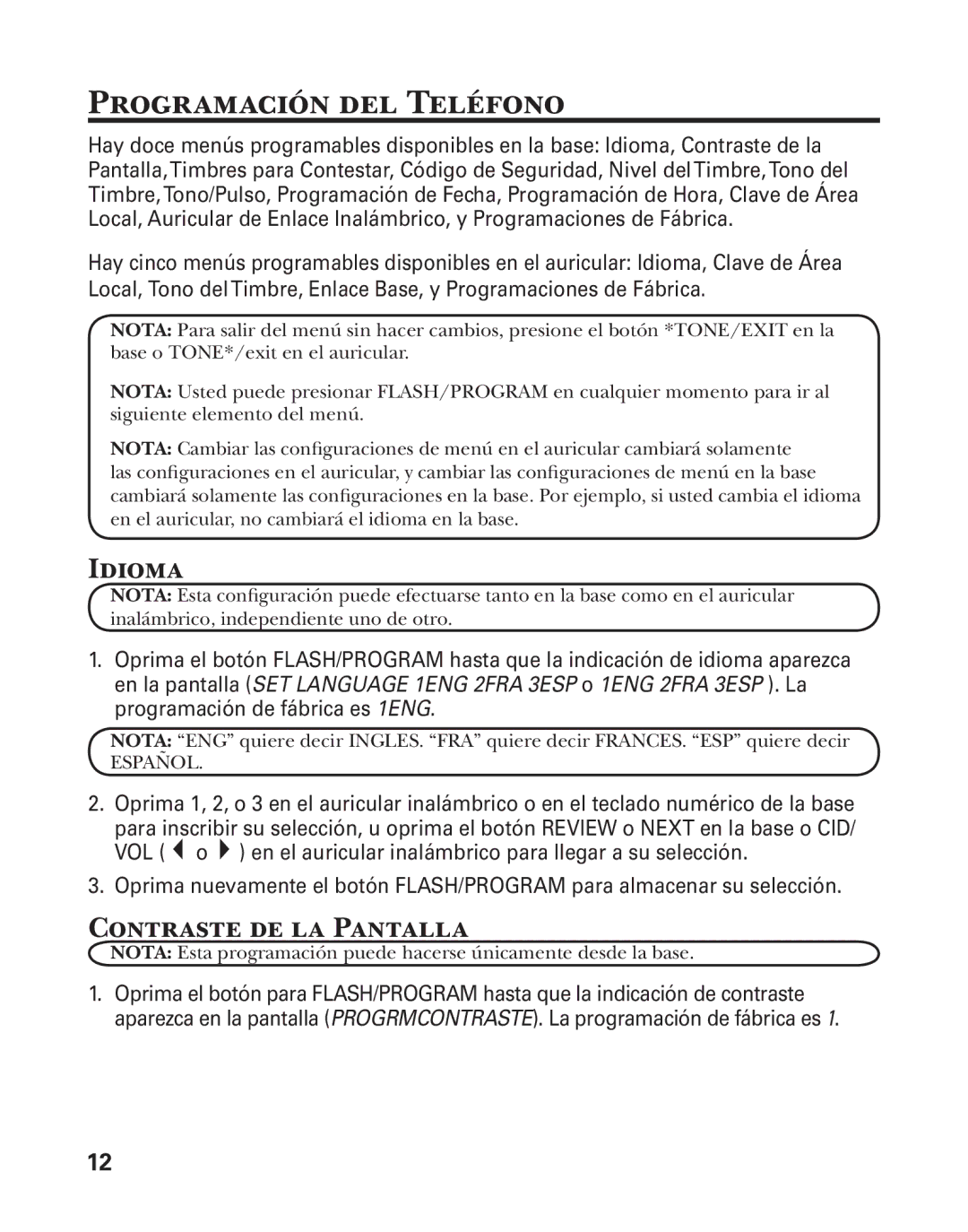 GE 27957 manual Programación del Teléfono, Idioma, Contraste de la Pantalla 