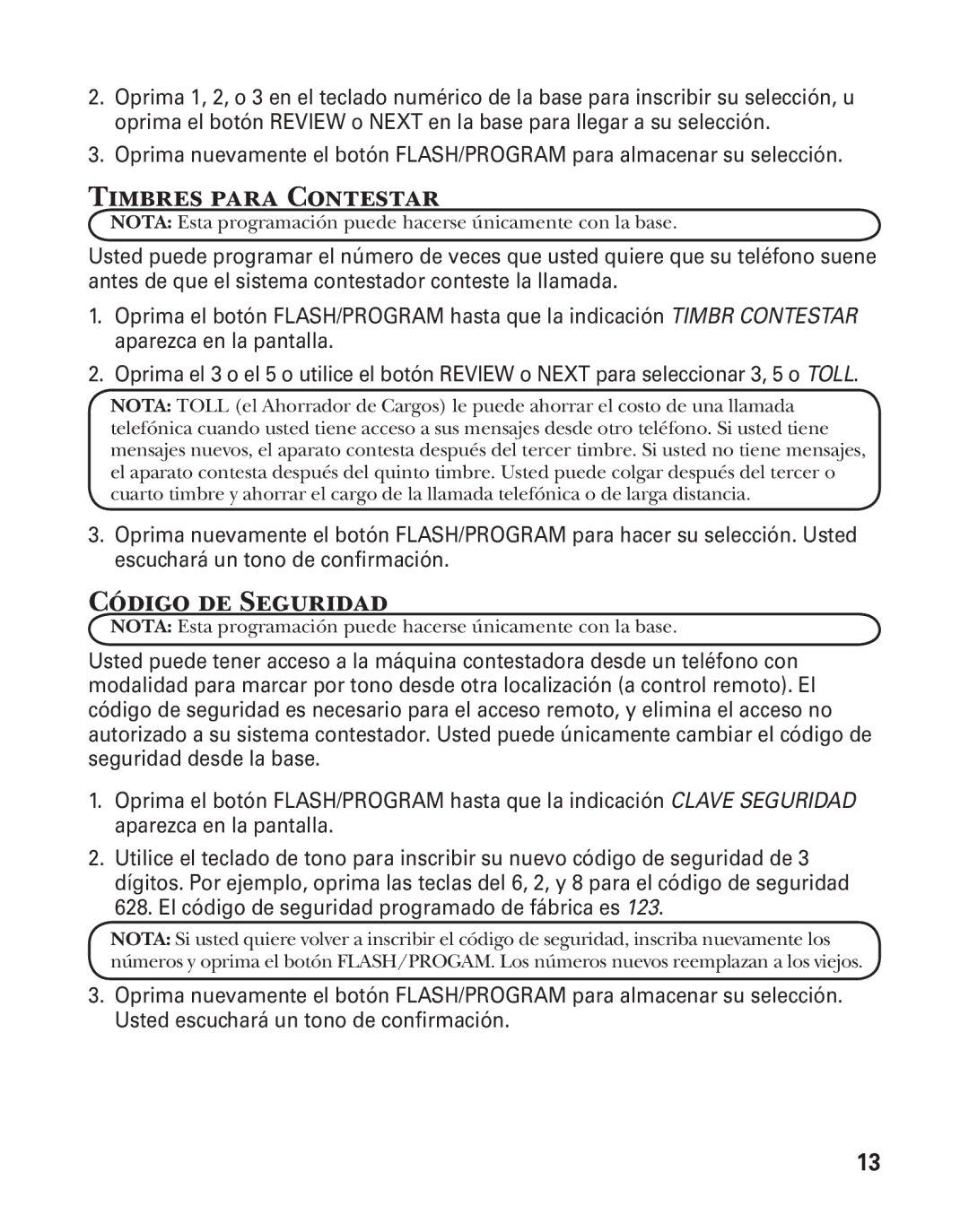 GE 27957 manual Timbres para Contestar, Código de Seguridad 