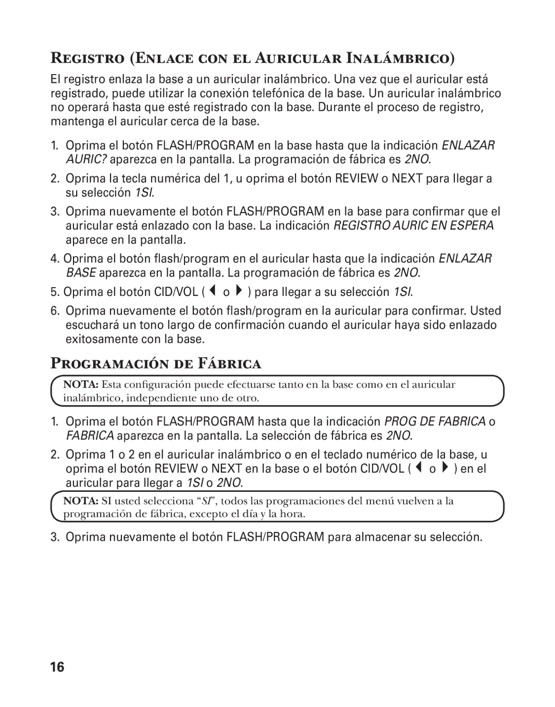 GE 27957 manual Registro Enlace con el Auricular Inalámbrico, Programación de Fábrica 