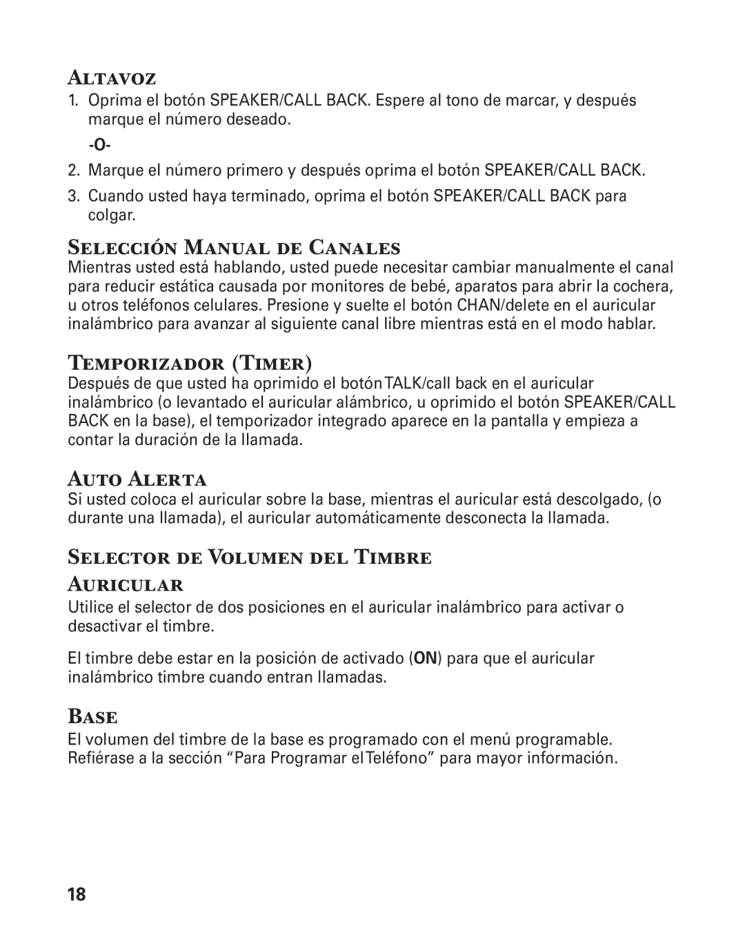 GE 27957 Altavoz, Selección Manual de Canales, Temporizador Timer, Auto Alerta, Selector de Volumen del Timbre Auricular 