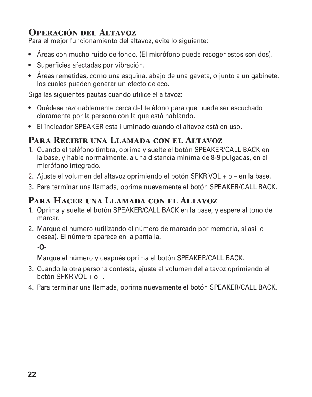 GE 27957 manual Operación del Altavoz, Para Recibir una Llamada con el Altavoz, Para Hacer una Llamada con el Altavoz 