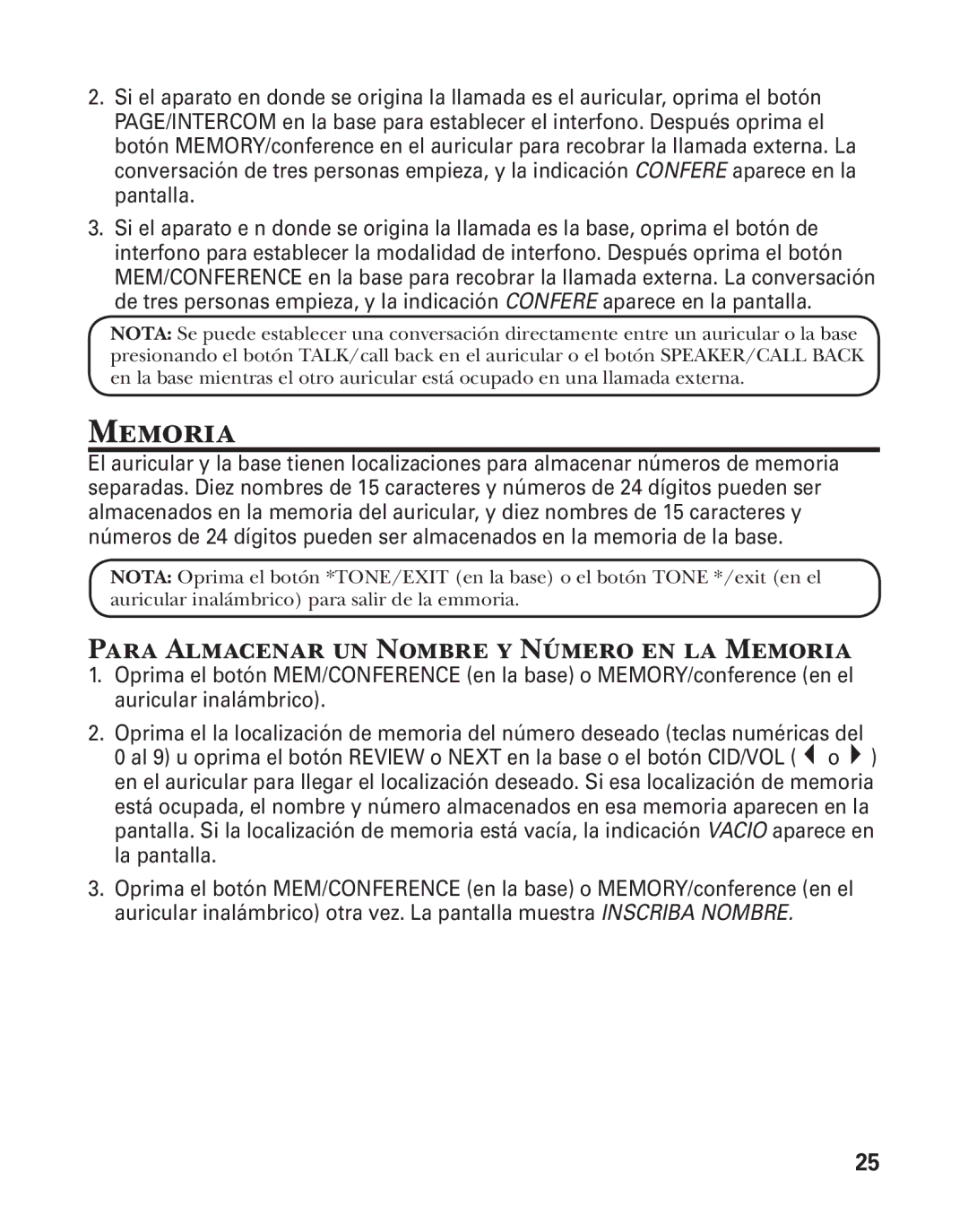 GE 27957 manual Para Almacenar un Nombre y Número en la Memoria 