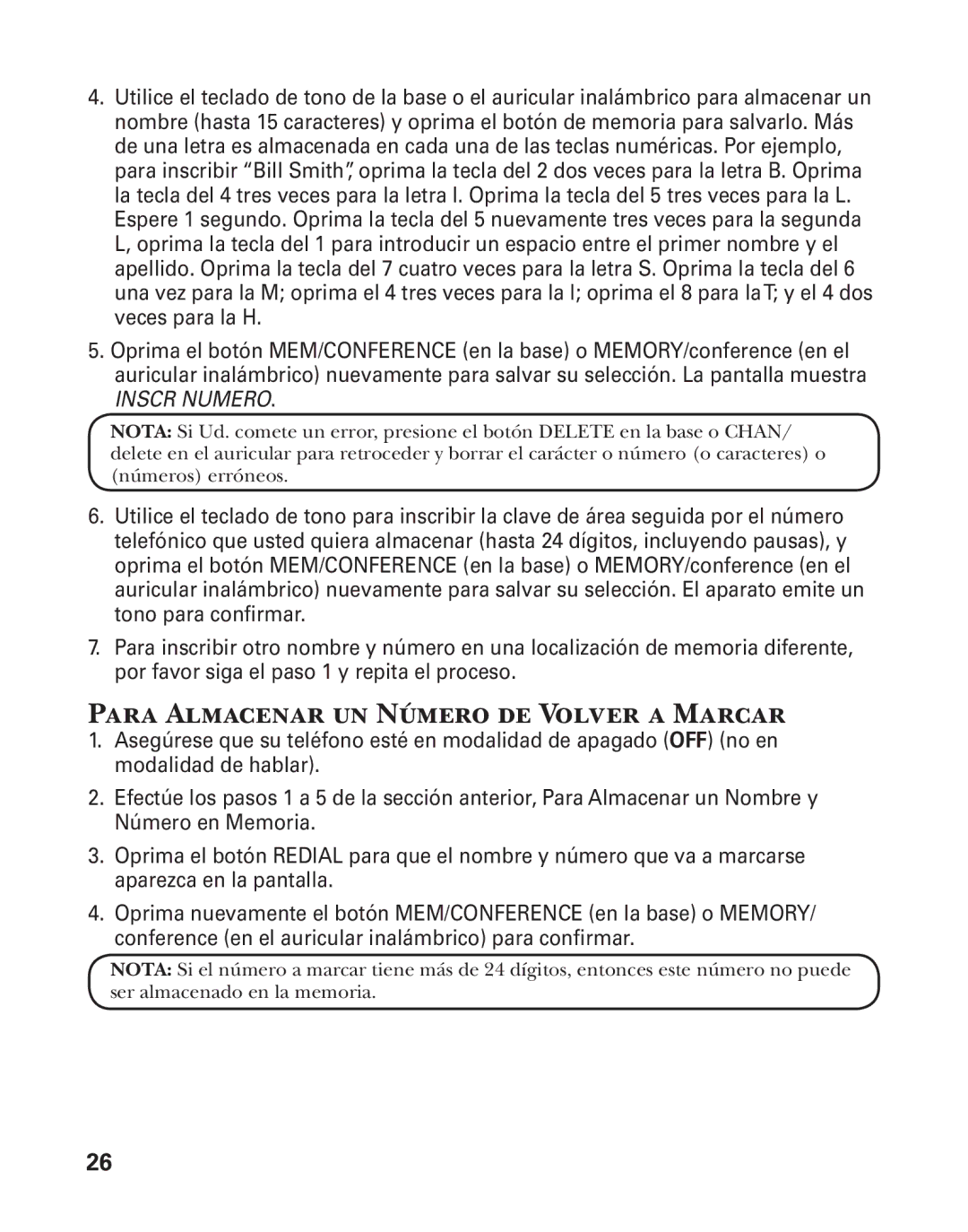 GE 27957 manual Para Almacenar un Número de Volver a Marcar, Inscr Numero 