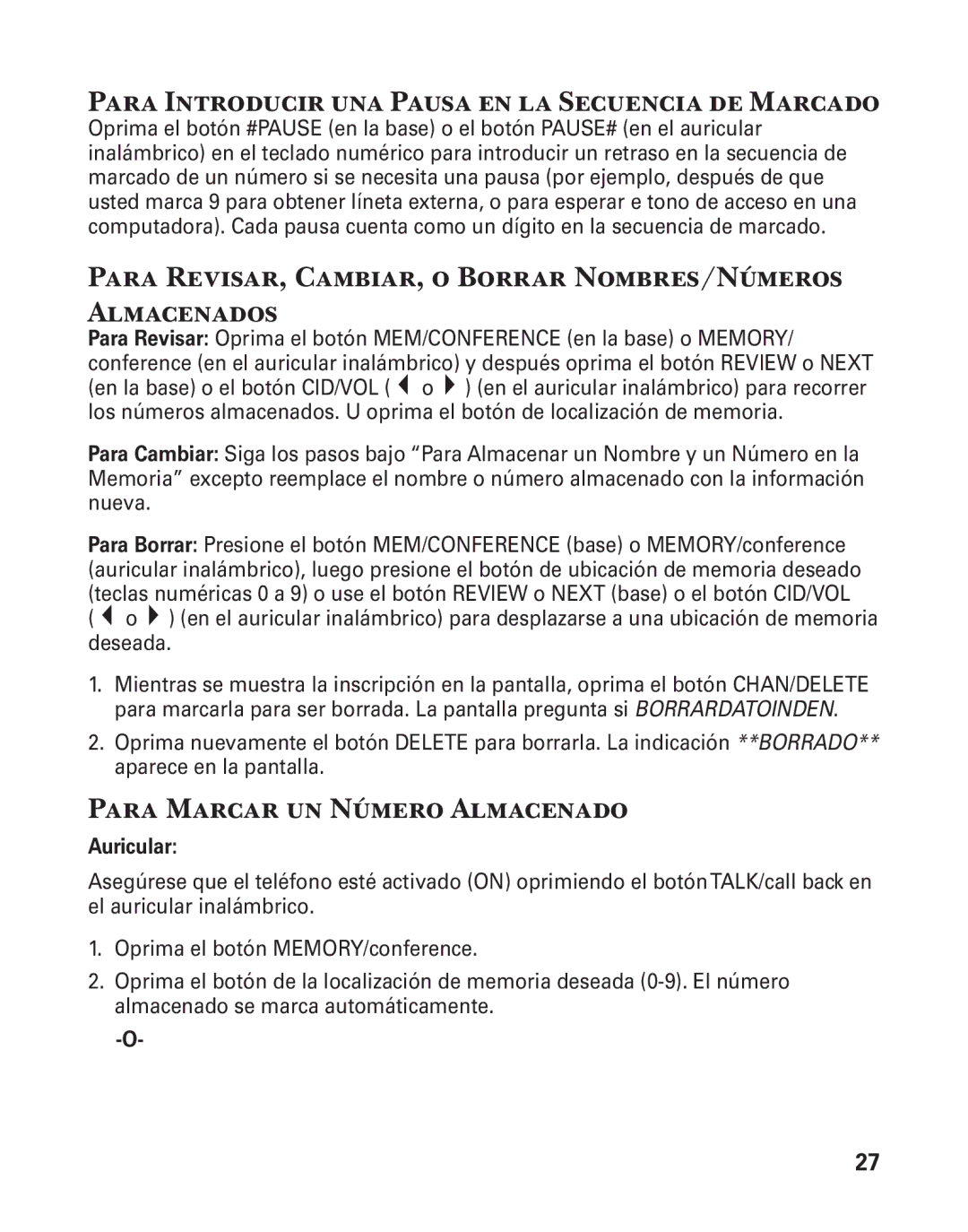 GE 27957 Para Introducir una Pausa en la Secuencia de Marcado, Para Revisar, Cambiar, o Borrar Nombres/Números Almacenados 