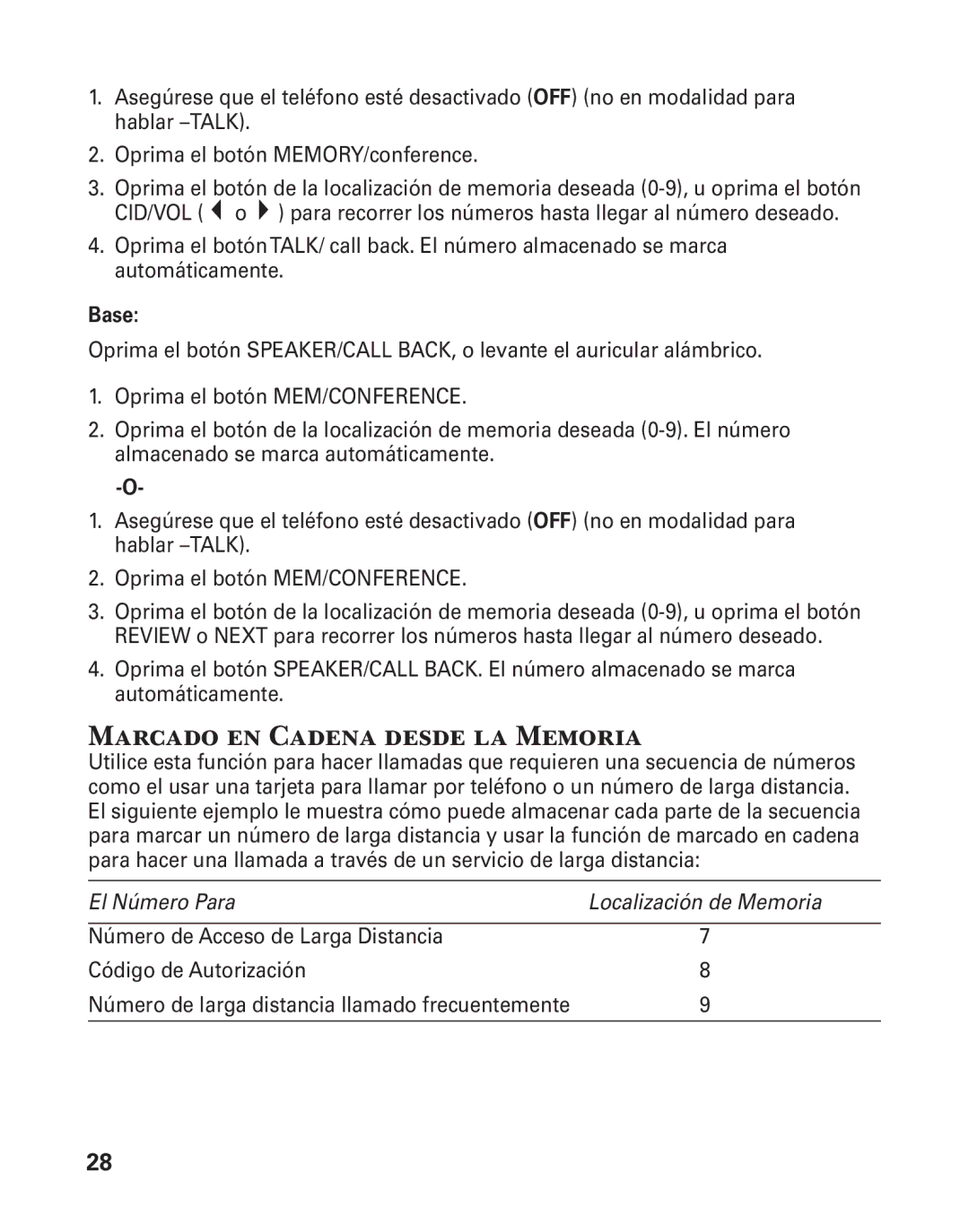 GE 27957 manual Marcado en Cadena desde la Memoria, Base 