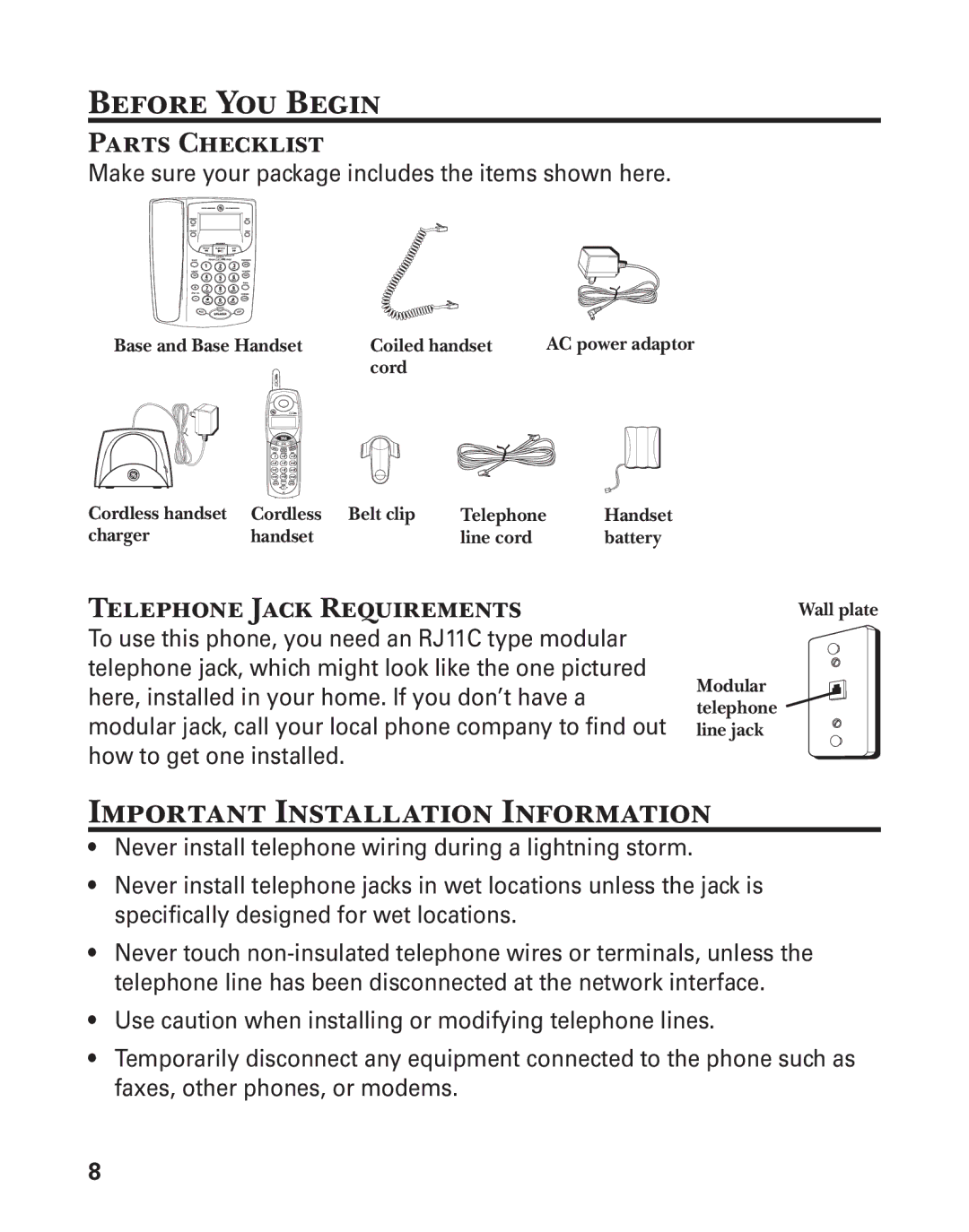 GE 27957 manual Before You Begin, Important Installation Information, Parts Checklist, Telephone Jack Requirements 