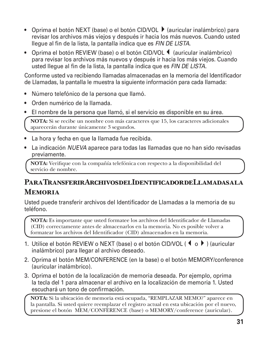 GE 27957 manual ParaTransferirArchivosdelIdentificadordeLlamadasala Memoria 