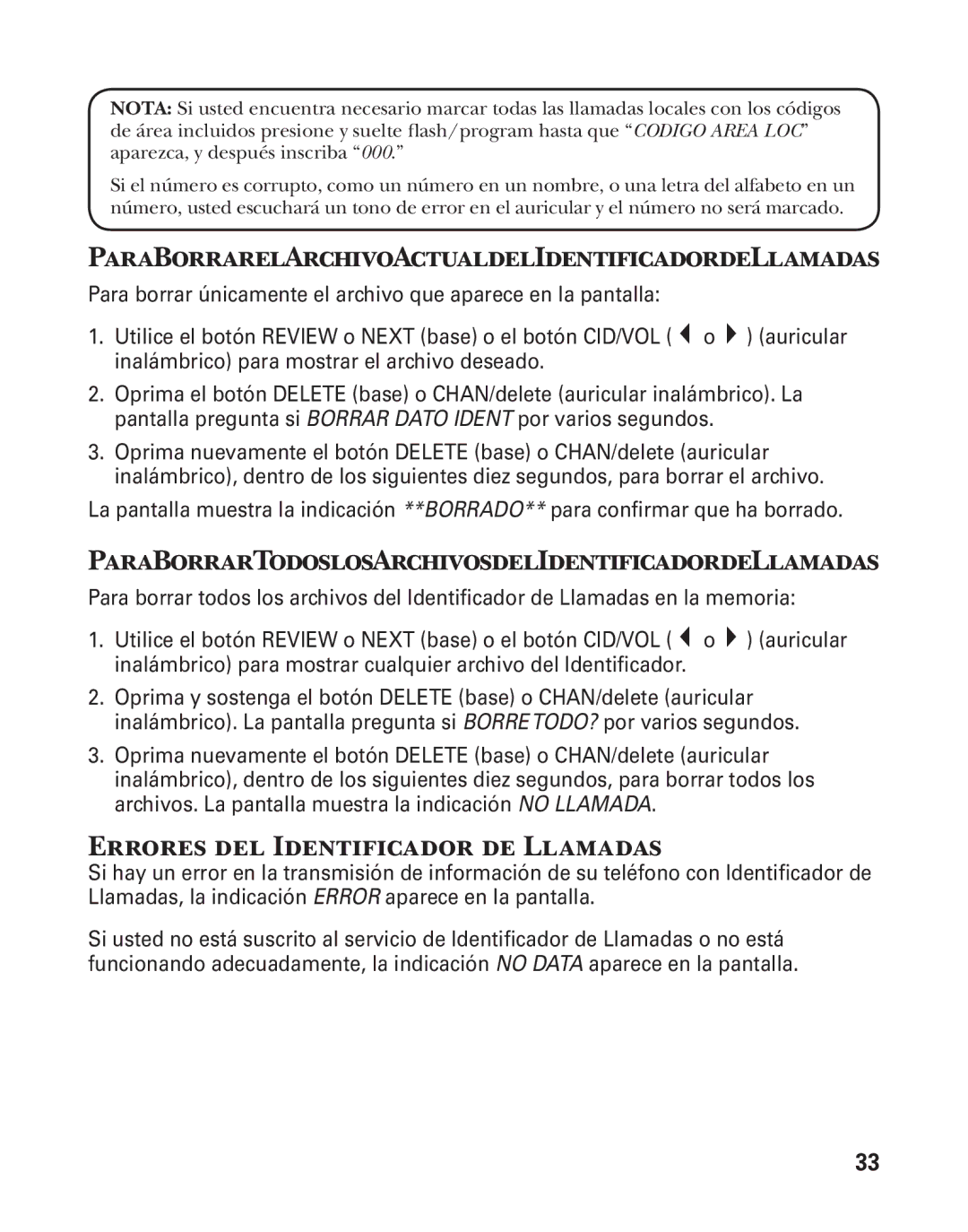 GE 27957 manual ParaBorrarelArchivoActualdelIdentificadordeLlamadas, ParaBorrarTodoslosArchivosdelIdentificadordeLlamadas 