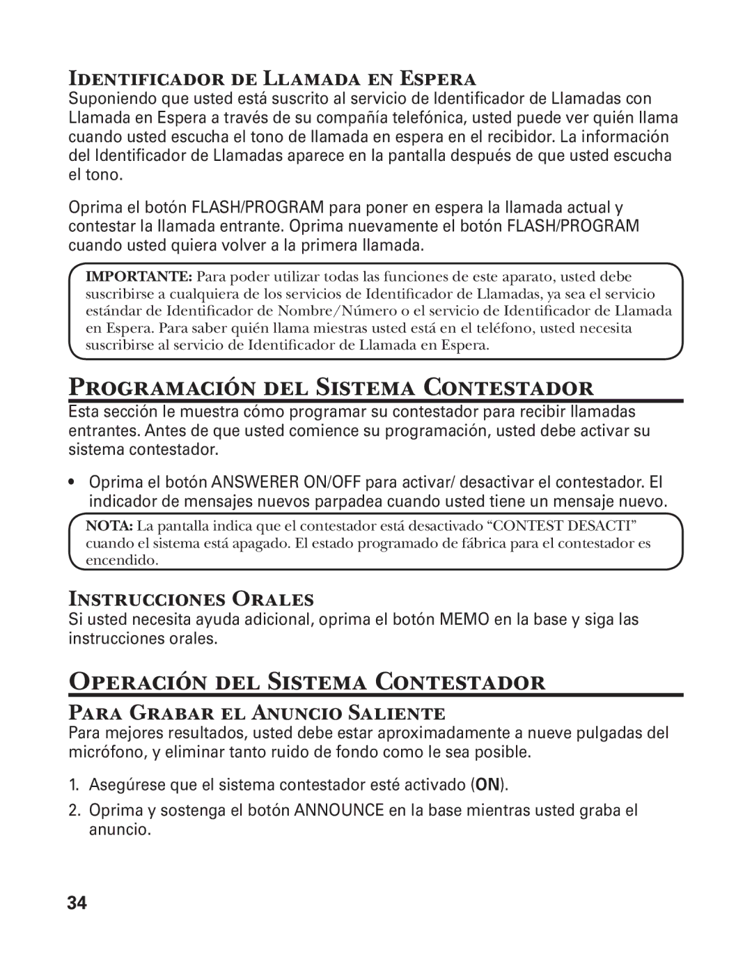 GE 27957 manual Programación del Sistema Contestador, Operación del Sistema Contestador, Identificador de Llamada en Espera 