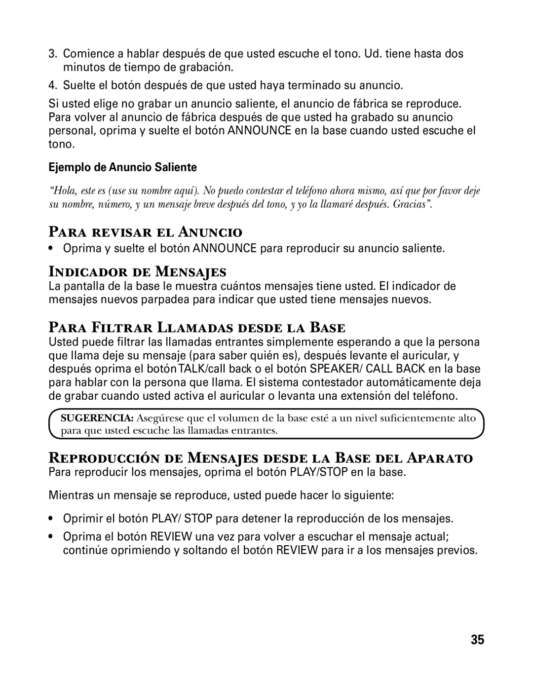 GE 27957 manual Para revisar el Anuncio, Indicador de Mensajes, Para Filtrar Llamadas desde la Base 