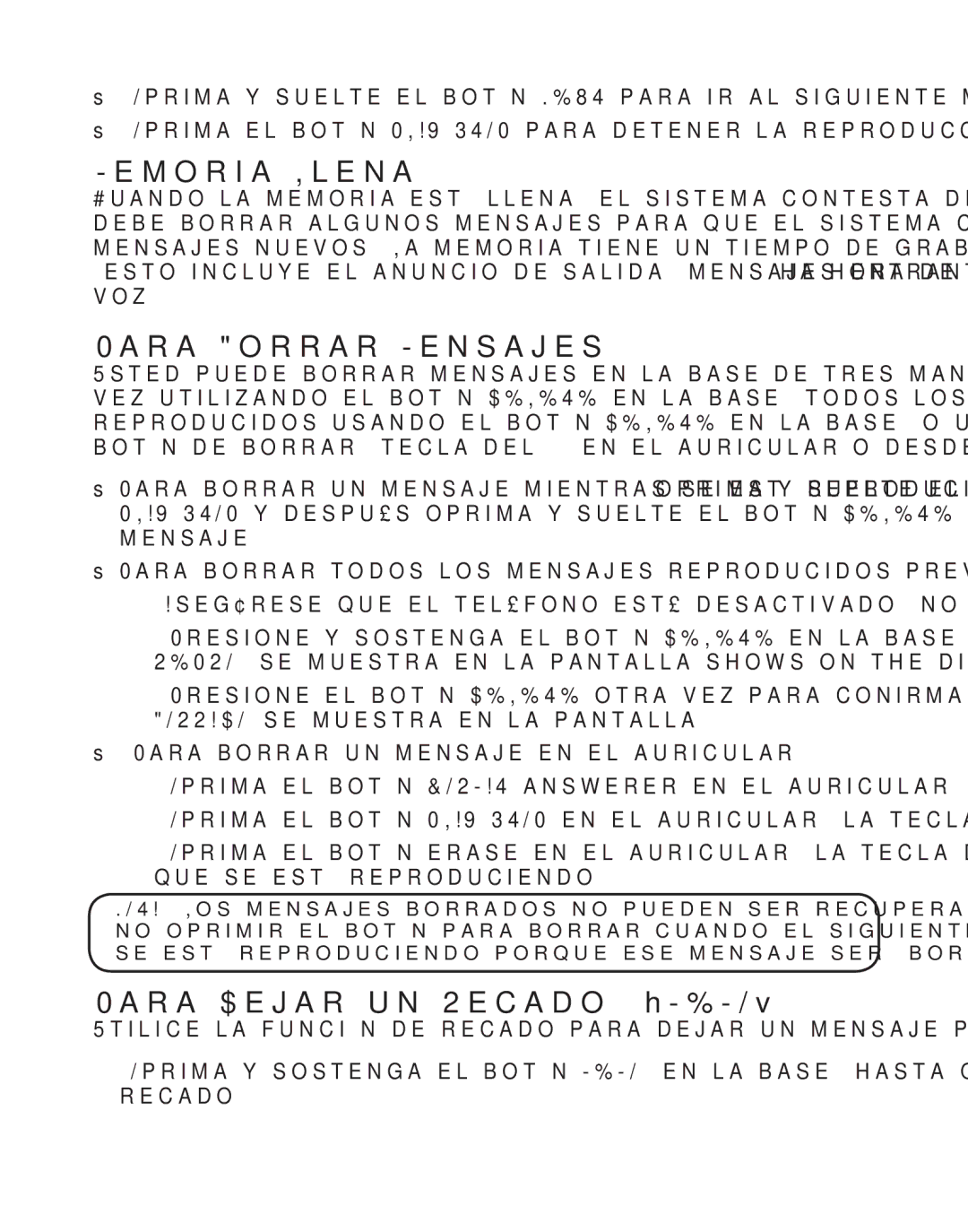 GE 27957 manual Memoria Llena, Para Borrar Mensajes, Para Dejar un Recado Memo 