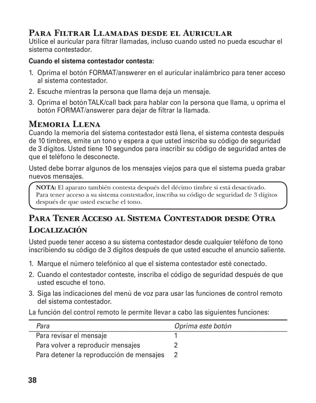 GE 27957 manual Para Filtrar Llamadas desde el Auricular, Cuando el sistema contestador contesta 